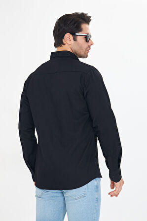 Erkek Siyah Slim Fit Dar Kalıp Çift Cepli Pamuklu Kot Gömlek