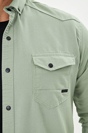 Erkek Su Yeşili Slim Fit Dar Kalıp Çift Cepli Pamuklu Kot Gömlek