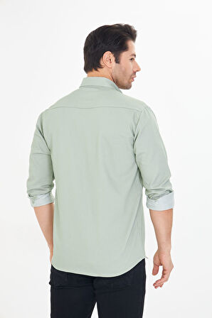 Erkek Su Yeşili Slim Fit Dar Kalıp Çift Cepli Pamuklu Kot Gömlek