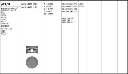 Opel Motor Piston+segmanı ( Riken )  79,05+0,50mm Cap Astra II 1.6 I Kat Corsa Kadett Vectra Ascona C16nz - Kingpiston 18-3010483