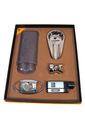 Cohiba 3 Torch Pürmüz Çakmak Kılıf Küllük Kesici Sehpa Gümüş Beşli Puro Seti TR10029