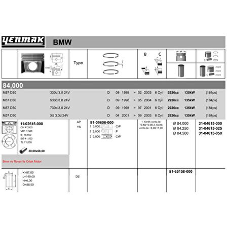 Land Rover Motor Piston+segman Freelander 96-06 2.0 Dizel Range Rover 3.0 Dizel 0,50 - Yenmak 31-04615-050