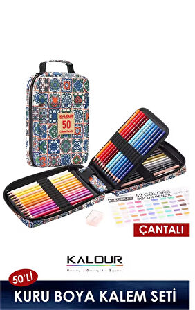 Kalour 50'li Metalik Kuru Boya Kalem Seti, Metal Kutulu (Defter Hediyeli)