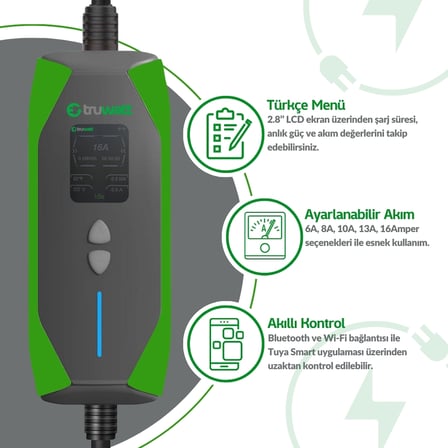 Truwatt ZT207 3.5kW Taşınabilir Elektrikli Araç Şarj Cihazı 16A/220V (7 metre)