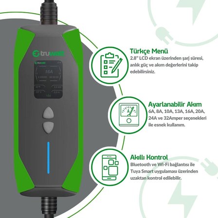 Truwatt ZT310 7kW Taşınabilir Elektrikli Araç Şarj Cihazı 32A/220V (10 metre)
