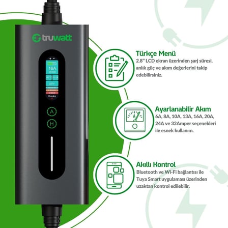 Truwatt ZTA310 7kW Taşınabilir Elektrikli Araç Şarj Cihazı 32A/220V (10 metre)