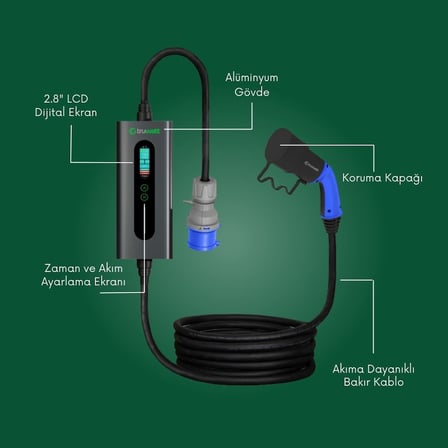 Truwatt ZTA310 7kW Taşınabilir Elektrikli Araç Şarj Cihazı 32A/220V (10 metre)