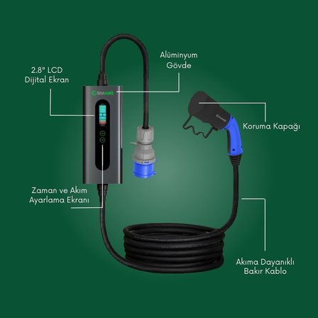 Truwatt ZTA315 7kW Taşınabilir Elektrikli Araç Şarj Cihazı 32A/220V (15 metre)