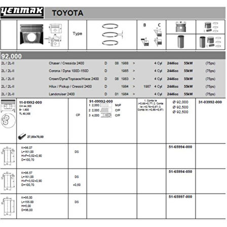 Toyota Ticarı Motor Piston Segman Std Hilux 2,4d Ln85-Ln145 1989-2004  2l Motor 92,00 MM - Yenmak 31-03992-000