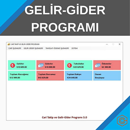 Cari Takip ve Gelir Gider Yönetim Programı – Paket Program-Lisanslı Yazılım (Dijital Teslim)
