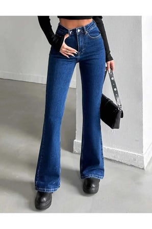 Lacivert Çnr Kadın Yüksek Bel İspanyol Jeans Likralı Esnek Kot Pantolon Yeni Hsn-3