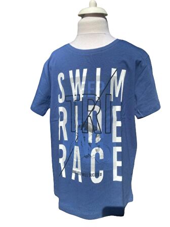 8 - 14 Yaş Erkek Çocuk T-Shirt Triathlon Baskılı Mavi