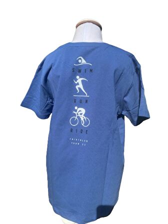 8 - 14 Yaş Erkek Çocuk T-Shirt Triathlon Baskılı Mavi