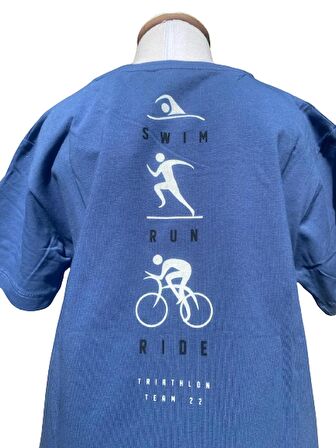 8 - 14 Yaş Erkek Çocuk T-Shirt Triathlon Baskılı Mavi