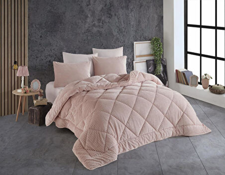 COMFORT YORGAN SETİ ÇİFT KİŞİLİK STRİPE PUDRA