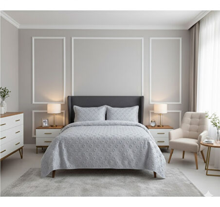 JAKARLI  SAKALLI YATAK ÖRTÜSÜ TEK KİŞİLİK DAMLA GRİ