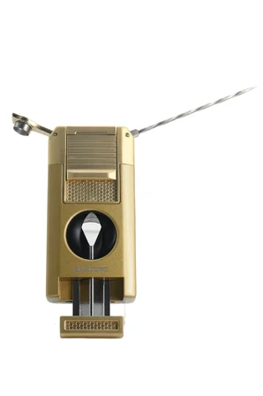 Quantoro Çift Torch Pürmüz V-Cut/Delicili/İğneli Gold Metal Puro Çakmağı - TRZ1096