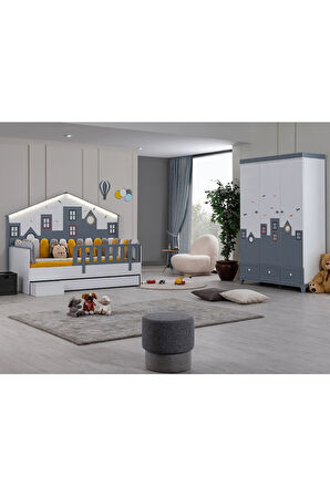 Montessori Çocuk Odası - City Montessori 3 Kapılı Dolap, Yavrulu Karyola - Gri