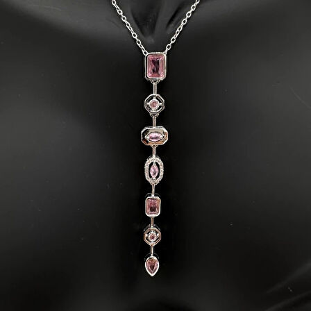 Çelik Yedi Element Y Kolye Silver Pembe Taş Detay - Silver
