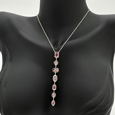 Çelik Yedi Element Y Kolye Silver Pembe Taş Detay - Silver
