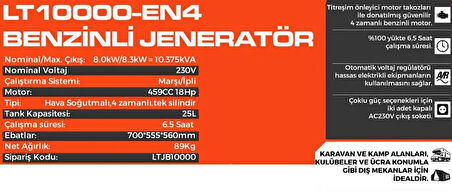 Lutian LT10000EN4 10 Kw Benzinli Jeneratör Marşlı 220 V.