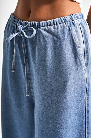 Kadın Kot Rengi 1s5-4 Beli Lastikli Süper Palazzo Fit %100 Koton Denim Jean
