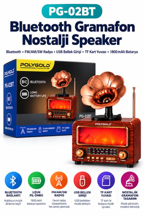 PG-02BT Bluetooth Gramofon Nostalji Speaker FM/AM/SW Radyo USB TF Kart 1800 mAh