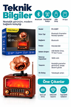 PG-02BT Bluetooth Gramofon Nostalji Speaker FM/AM/SW Radyo USB TF Kart 1800 mAh