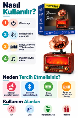 PG-02BT Bluetooth Gramofon Nostalji Speaker FM/AM/SW Radyo USB TF Kart 1800 mAh