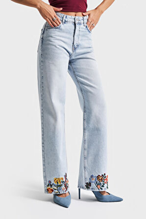 Kadın Ice Kot Rengi 4s5-3 Straight Fit Çiçek Nakışlı %100 Koton İç Boy 80 Cm Tasarım Denim Jean