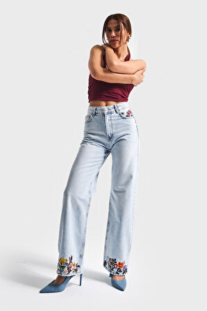 Kadın Ice Kot Rengi 4s5-3 Straight Fit Çiçek Nakışlı %100 Koton İç Boy 80 Cm Tasarım Denim Jean