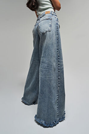 Kadın Kot Rengi 12s5-32 Palazzo Fit Paça Püsküllü %100 Koton Orta Bel Denim Jean
