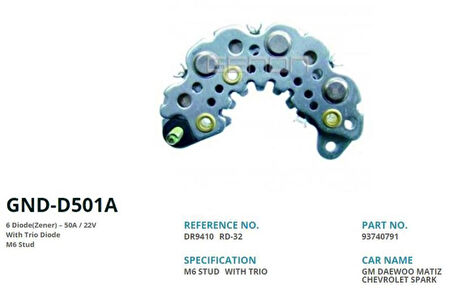 Opel Alternator Diot Tablası Delco Tip Daewoo Matıs / Chevrolet Spark İkaz Diot (6 Diot) M6 - Genon Gnd-D501a