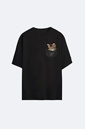 Unisex Oversize Siyah Cepli Kedi T-shirt