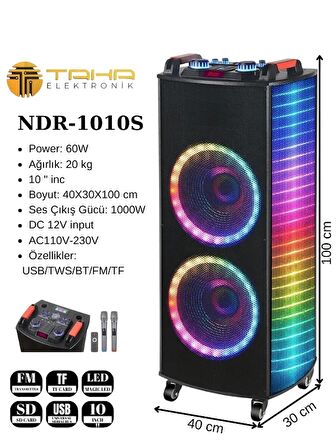 Taşınabilir 10 İnç 60w Tekerli Rgb Işıklı  Bluetooth Mikrofonlu Hoparlör Ndr-A1010S