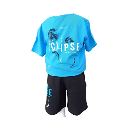 Erkek Çocuk İkili Takım Dark Night Eclipse Baskılı T-Shirt Bağcıklı Lastikli Baskılı Siyah Şort