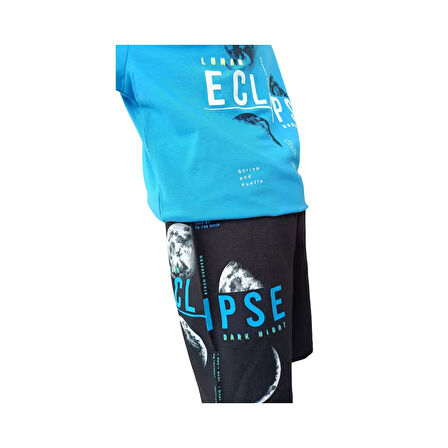 Erkek Çocuk İkili Takım Dark Night Eclipse Baskılı T-Shirt Bağcıklı Lastikli Baskılı Siyah Şort