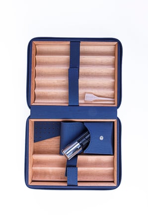 Cohiba XL Lacivert Dahili Çakmak Deri Puro Taşıma Çantası & Seyahat Humidoru - TR8243
