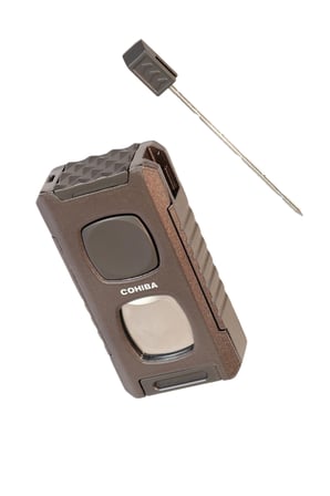 Cohiba Çift Torch Pürmüz Kesici & Delici & İğneli Kahverengi Metal Puro Çakmağı - TR9553
