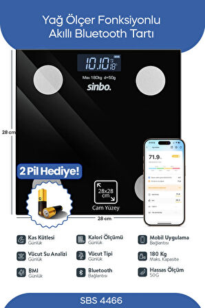 Sinbo SBS 4466 Yağ Ölçer Fonksiyonlu Akıllı Bluetooth Tartı