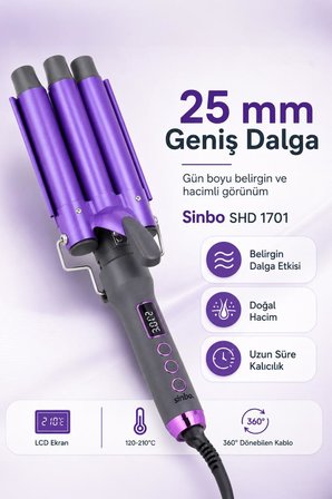 Sinbo SHD 1701 Dijital Su Dalgası Saç Maşası LCD Ekranlı 3’lü Seramik 25 mm Saç Şekillendirici