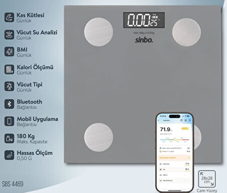 Sinbo SBS-4469 Bluetooth Dijital Yağ Su Kas Vücut Kitle Endeksi Kilo Ölçer Tartı Baskül