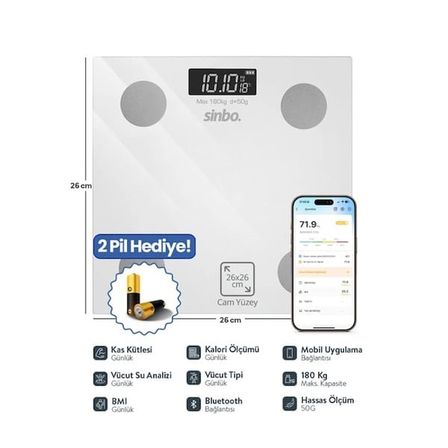 Sinbo SBS-4471 Yağ Ölçer Fonksiyonlu Akıllı Bluetooth Baskül - Beyaz