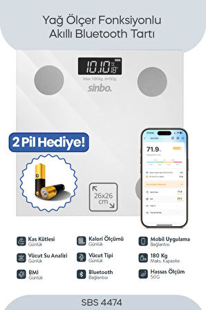 SİNBO SBS-4474 26x26 CM Bluetooth Dijital Yağ Su Kas Vücut Kitle Endeksi Kilo Ölçer Tartı Baskül
