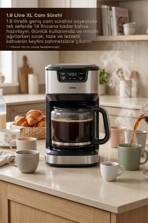 Sinbo SCM-9040 GÜMÜŞ Otomatik Zaman Ayarlı XL 14 Fincan Filtre Kahve Makinesi Dijital Göstergeli