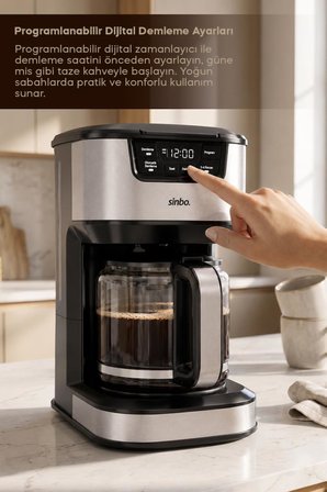 Sinbo SCM-9040 GÜMÜŞ Otomatik Zaman Ayarlı XL 14 Fincan Filtre Kahve Makinesi Dijital Göstergeli