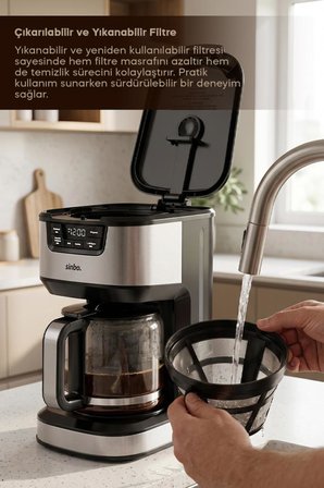 Sinbo SCM-9040 GÜMÜŞ Otomatik Zaman Ayarlı XL 14 Fincan Filtre Kahve Makinesi Dijital Göstergeli