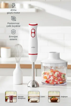 SHB-7530 Çok Fonksiyonlu El Blender Seti - Beyaz Kırmızı – Doğrayıcı & Çırpıcı Aparatlı