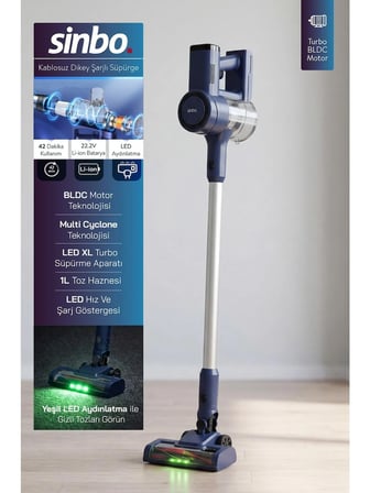 SVC-8636 Kablosuz Dikey Şarjlı Süpürge 2200MAH Li-Ion Bataryalı Bldc Motorlu Yeşil LED Işıklı Multi Cyclone