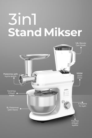 Sinbo SMX-2772 3’ü 1 Arada Stand Mikser Seti 1200W Hamur Yoğurma Çırpıcı Kıyma Makinesi Blenderlı